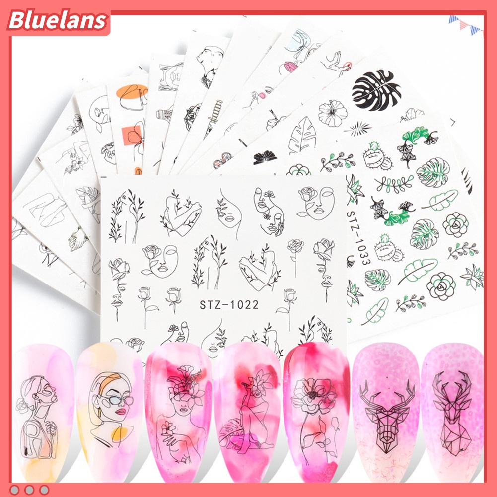 [BLM] 16lembar Gaya Garis Motif Wajah Nail Art Stiker Decals Decor Manicure Tool