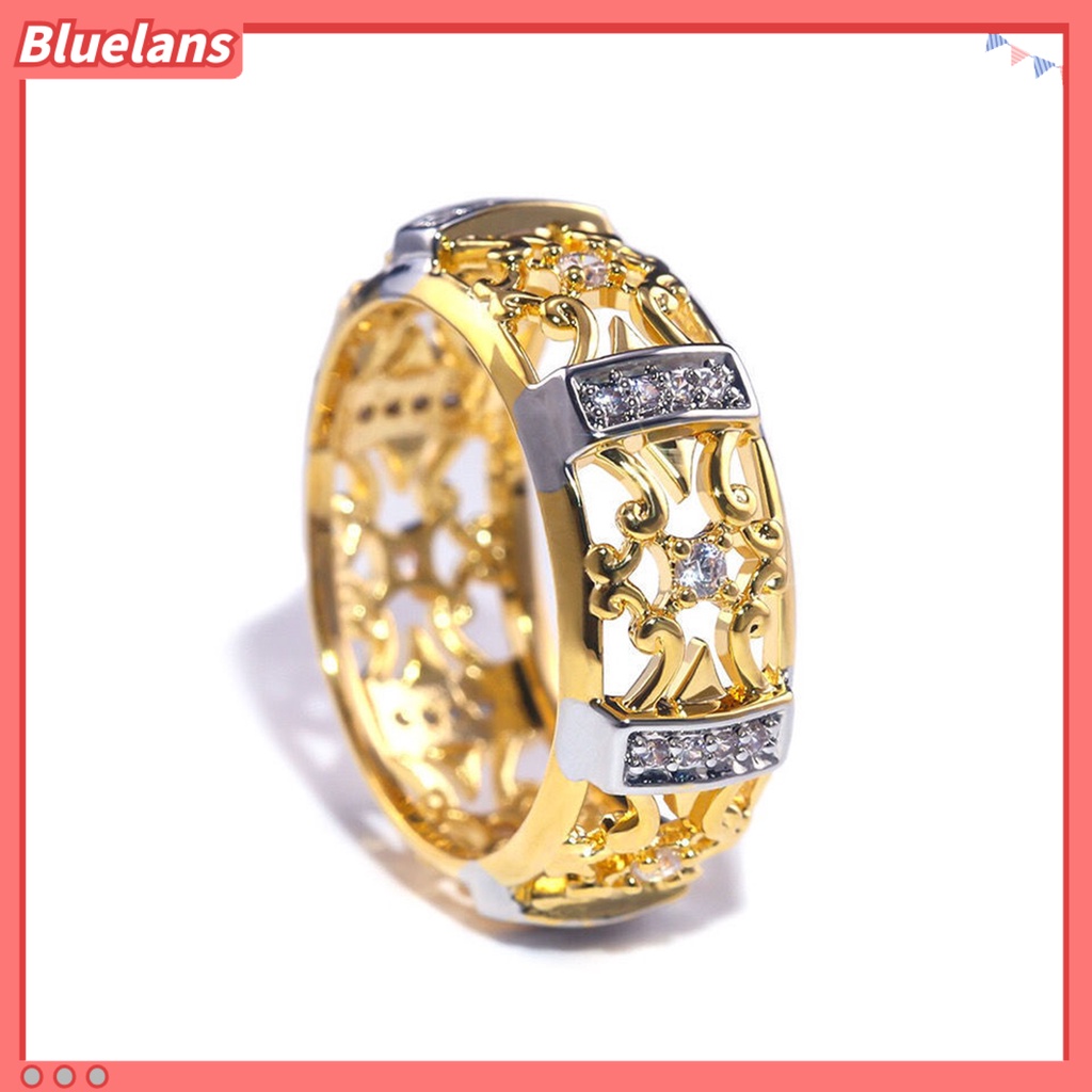 [BLS] Wanita Cincin Gaya Vintage Berongga Ukiran Dua Warna Kuno Bling Cubic Zirconia Ladies Finger Ring Fashion Perhiasan