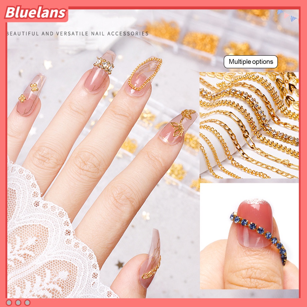 [BLM] 12kisi /Box Rantai Kuku Glitter Efek 3D Alloy Nail Art Rantai Cincin Gesper Dekorasi Logam Manicure DIY Untuk Wanita