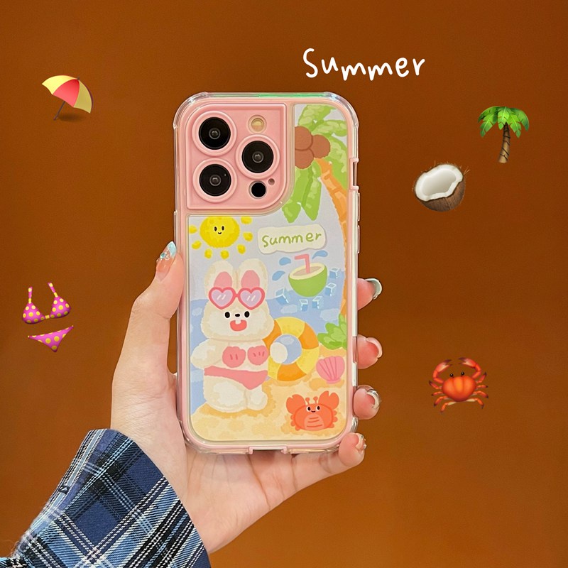 Summer Coconut Tree Bunny Soft TPU Case iP iPhone 14 + Plus 11 12 13 Pro Max 2in1 FTD Girl Woman Casing Apple