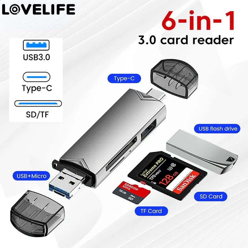 6-in-1 3.0 Mini SD Cardreader Aluminium Alloy Memory Card Reading Adapter SD/TF Card Flash Drive OTG Tipe C/Micro USB Interface Converter Card Reader