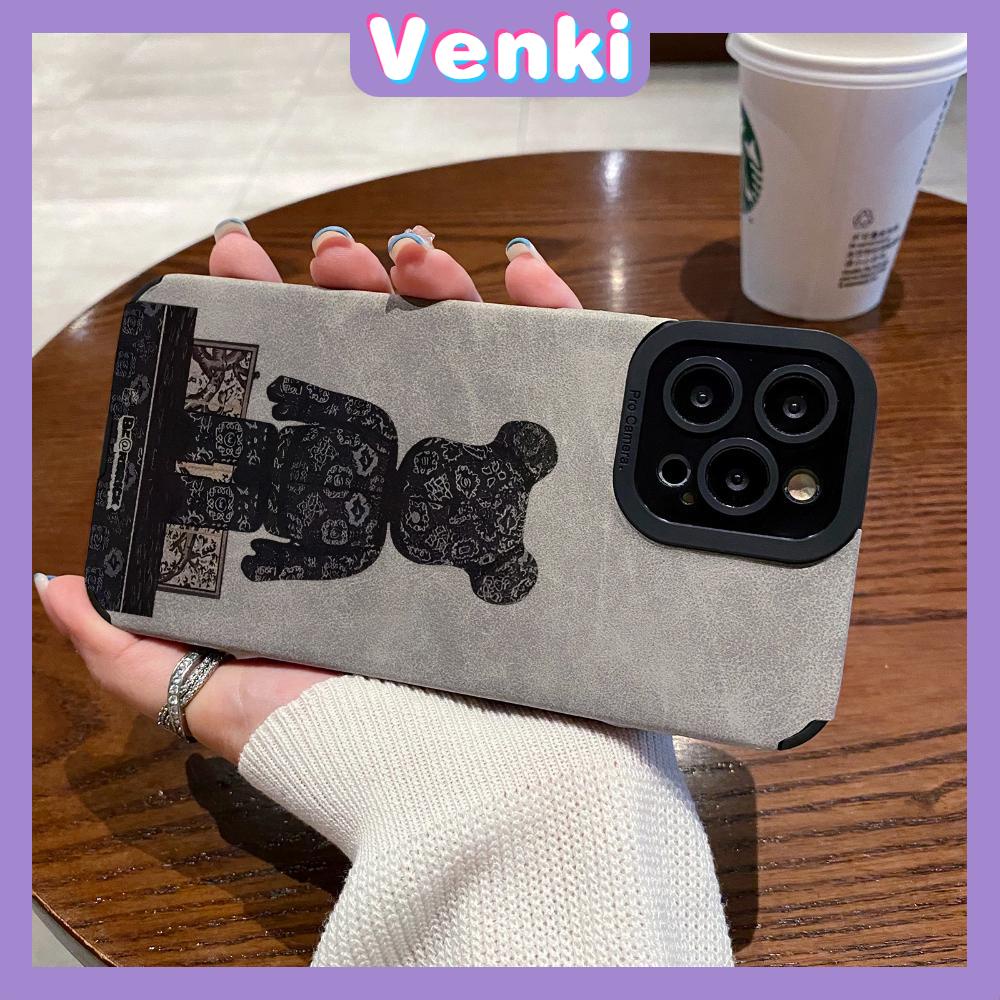 VENKI - Untuk iPhone 11 Case Leather Pupil Suede Cover Soft Shockproof Case Camera Simple Cute Black Bear Kompatibel dengan iPhone 14 13 Pro max 12 Pro max xr xs 7Plus 8Plus