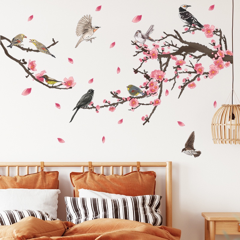 Plum Blossom Bunga Pohon Cabang Stiker Dinding Ruang Tamu Latar Belakang Dekorasi Burung Wallpaper Dekorasi Rumah Art Decals