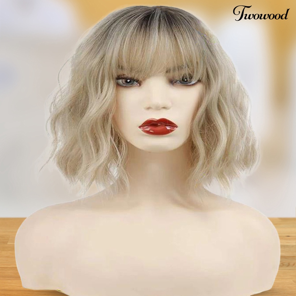 Twowood Water Ripple Wig Fashion Lembut Berbulu Mudah Dipakai Tahan Panas Alat Kosmetik Suhu Tinggi Silk Air Bangs Curly Wig Rambut Pendek Untuk Kehidupan Sehari-Hari