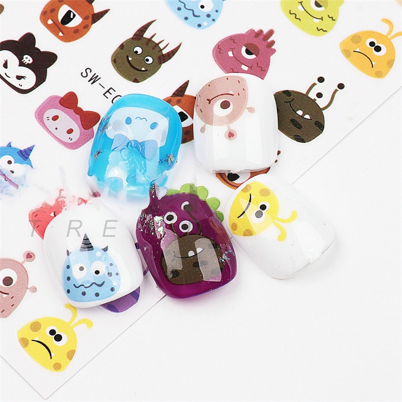 [Unggulan] 1lembar Kartun Lucu Kecil Monster Stiker Kuku Kawaii Mata Besar Transfer Air Kuku Stiker 3D Warna-Warni Perekat Diri Nail Art Slider Tape Manicure Dekorasi