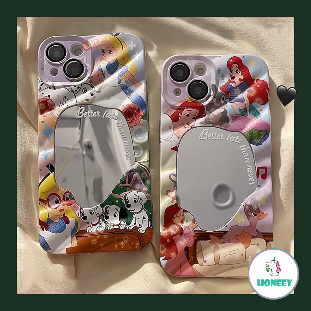 Ins Kartun Mermaid Princess Wave Pattern Phone Case Untuk iPhone 14 Pro 11 13 12 Pro Max Irregular Geometri Makeup Cermin Anti-Shock Penutup Belakang