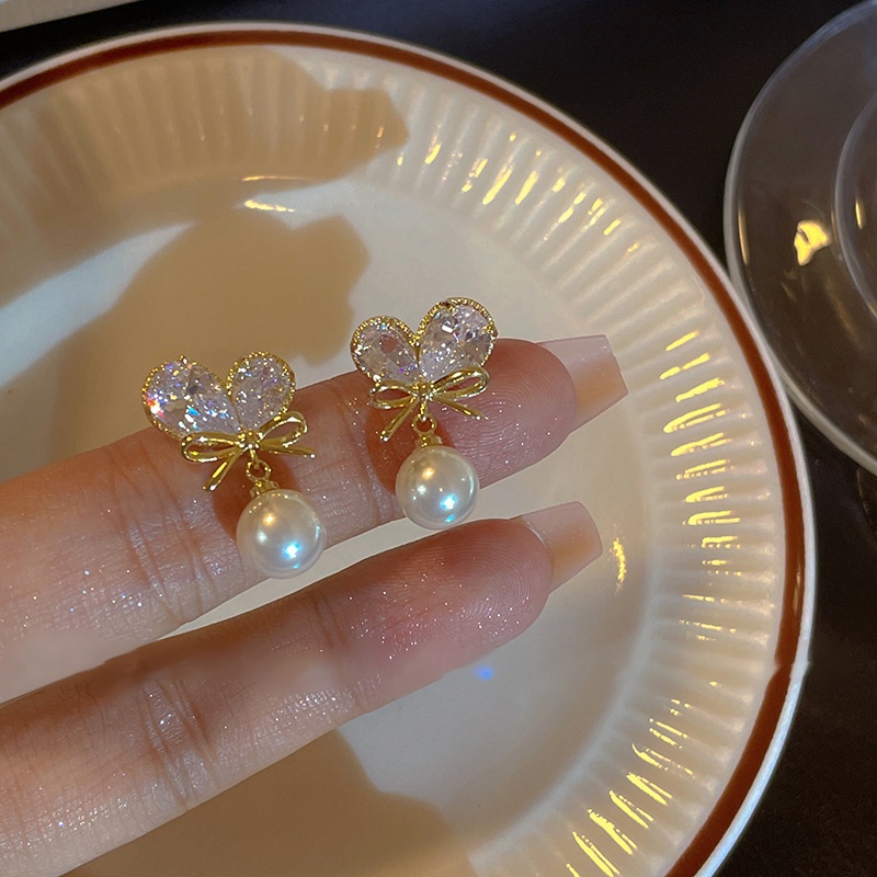 Anting Mutiara Hati Zirkon Gaya Korea Untuk Wanita Vintage Anting Drop Busur Emas Mewah2023Perhiasan Baru