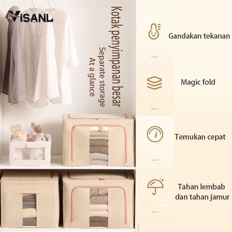 Lipat kotak penyimpanan pakaian serbaguna mainan box tahan lembab storage box baju besar organizer frame baja Double Zipper Large Box 24L 66L 100L