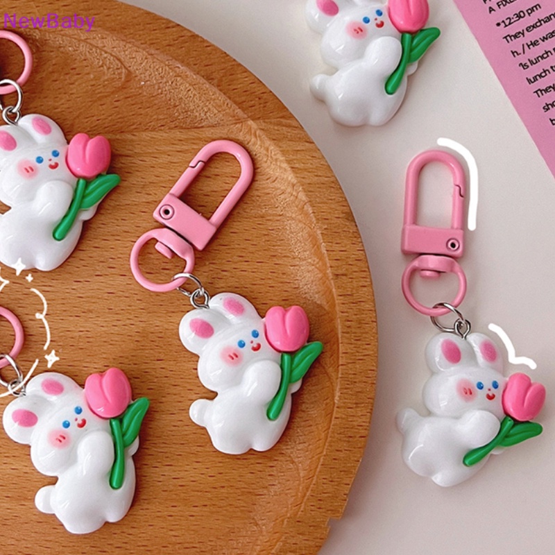 Newbaby Lucu Mini Tulip Rabbit Gantungan Kunci Lovely Pink Bunny Doll Key Chain Untuk Wanita Gadis Anak Tas Earphone Kotak Hiasan Keyring Pendant ID