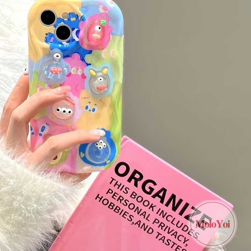 Kartun DIY Boneka Lucu Beruang Monster Bintang Kelinci Pelangi Casing Ponsel Kompatibel Untuk iPhone XR X XS Max11 12 13 14 Pro Max7 6s 8 6 Plus Se2020 3D Tepi Bergelombang Melengkung Glossy Soft Cover