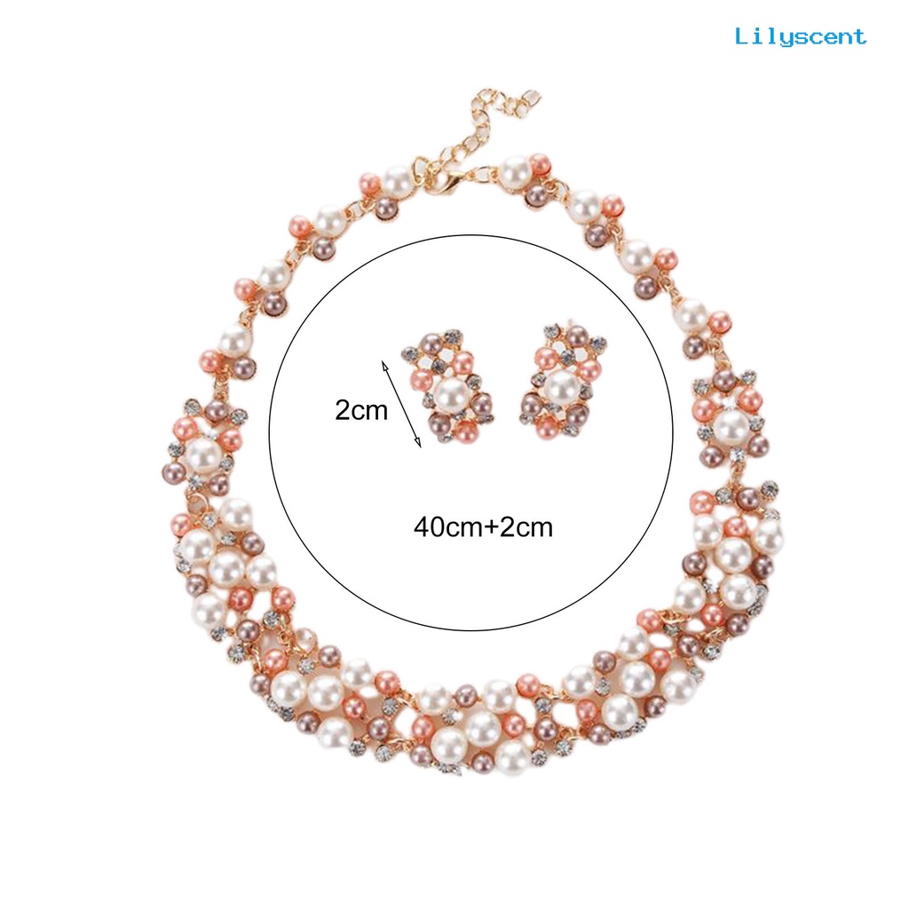 [LS]2 Pcs/set Perhiasan Pernikahan Mutiara Imitasi Multi Warna Royal Mewah Permukaan Halus Wanita Kalung Anting Set Aksesori Perempuan