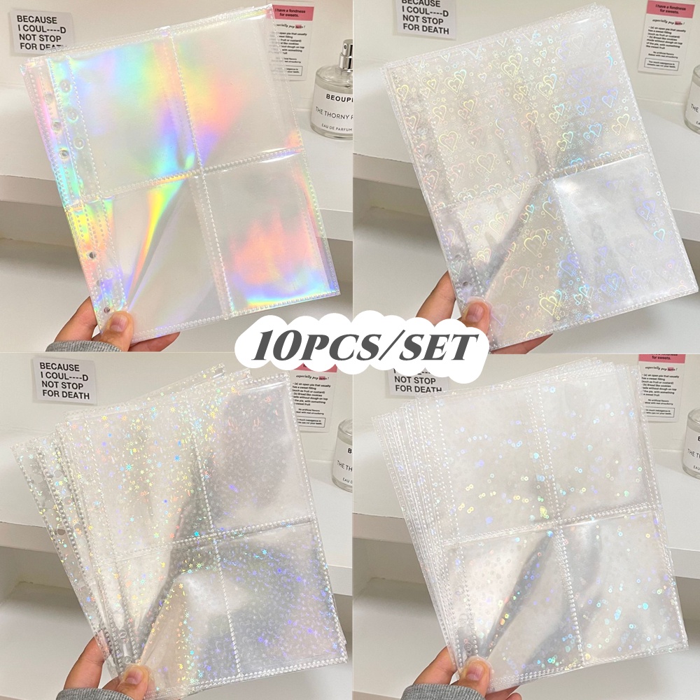 10pcs A5 Lengan Laser Universal PP Halaman Dalam Hati/Bunga/Star/Pelangi Pola Photocard Sleeves Binder Album Halaman Isi Ulang Penyimpanan Koleksi Kartu Idola