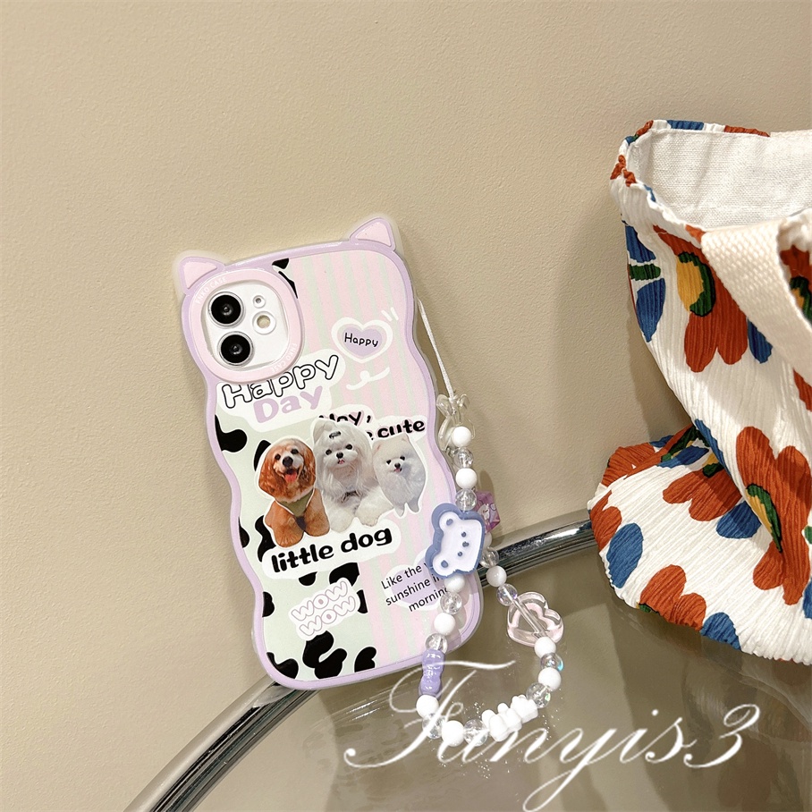 Compatible For iPhone 14 13 12 11 Pro Max X XR Xs Max 8 7 6 6s Plus SE 2020 Kompatibel Untuk Tiga Lucu Mewah Anjing Telinga Kucing Casing Ponsel Bening Lembut Cover Pelindung Dengan Rantai