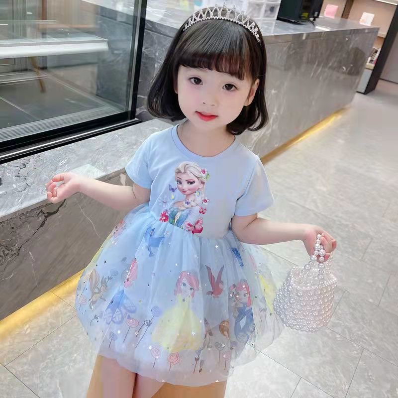 2-7 tahun Gaun putri Elsa gadis baru/dress pesta bayi/baju anak perempuan pakaian bayi perempuan import/Gaun putri beku//baju bayi perempuan mesh/Dress anak perempuan