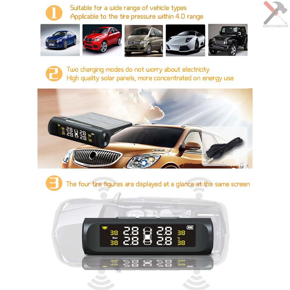 Tpms Mobil Sistem Pemantauan Tekanan Ban Solar Charging HD Digital LCD Display Auto Alarm System Wireless Dengan 4sensor