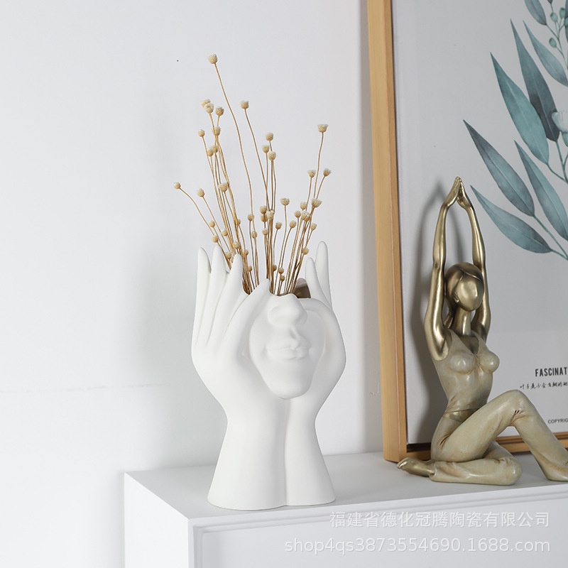 ღ 2023 Kreatif Keramik Wajah Manusia Vas Kuas Makeup Wadah Penyimpanan Nordic Seni Pot Bunga Hadiah Dekorasi Meja Aksesoris Dekorasi Rumah