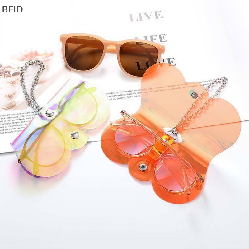 [BFID] 1pc Populer Lucu PVC Laser Kacamata Case Transparan Wanita Sunglasses Protection Cover Unik Rantai Logam Kacamata Tas [ID]