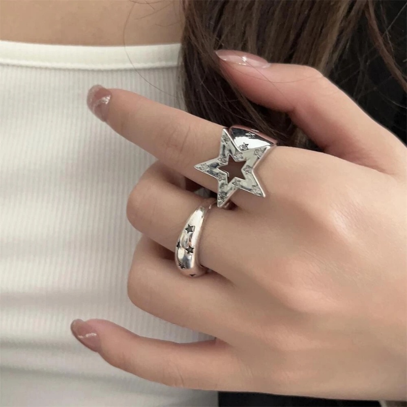 Trendi Baru Y2K Logam Bintang Pembukaan Cincin Gothic Punk Kepribadian Wanita Gadis Geometris Tidak Teratur Pentagram Berongga Adjustable Cincin Perhiasan