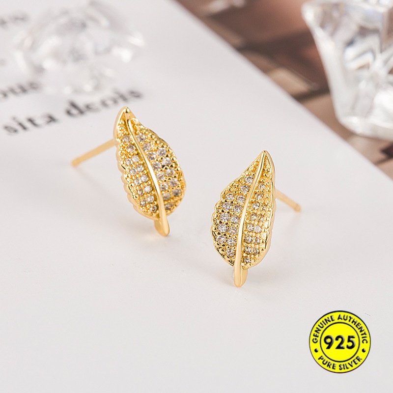 18k Emas Sederhana Daun-Shapepd Stud Earrings Berkilau Penuh Berlian Imitasi Halus Anting Liar U1842