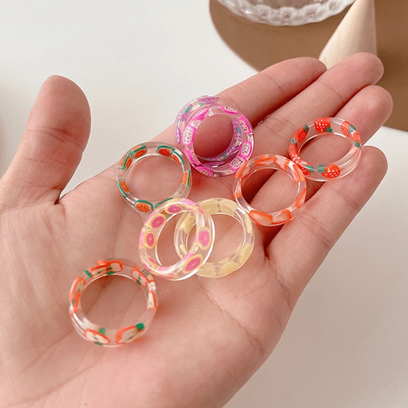 Korea Fashion Buah Segar Transparan Resin Akrilik Cincin Untuk Wanita Gadis Desain Baru Strawberry Lemon Jari Perhiasan Hadiah