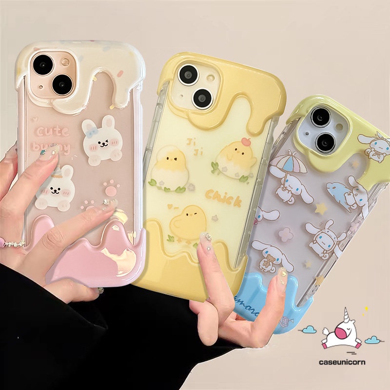 Cute Bear Rabbit Chick Kartun Ponsel Case Kompatibel Untuk IPhone XR X 7Plus 14 11 13 12 Pro Max7 8 Plus XS Max SE 2020lembut Musim Panas Indah Laurel Anjing Permen 3D Warna Ice Cream Cover