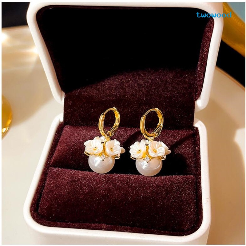 Twowood Exquisite Shell Flower Basket Mutiara Dan Berlian Anting