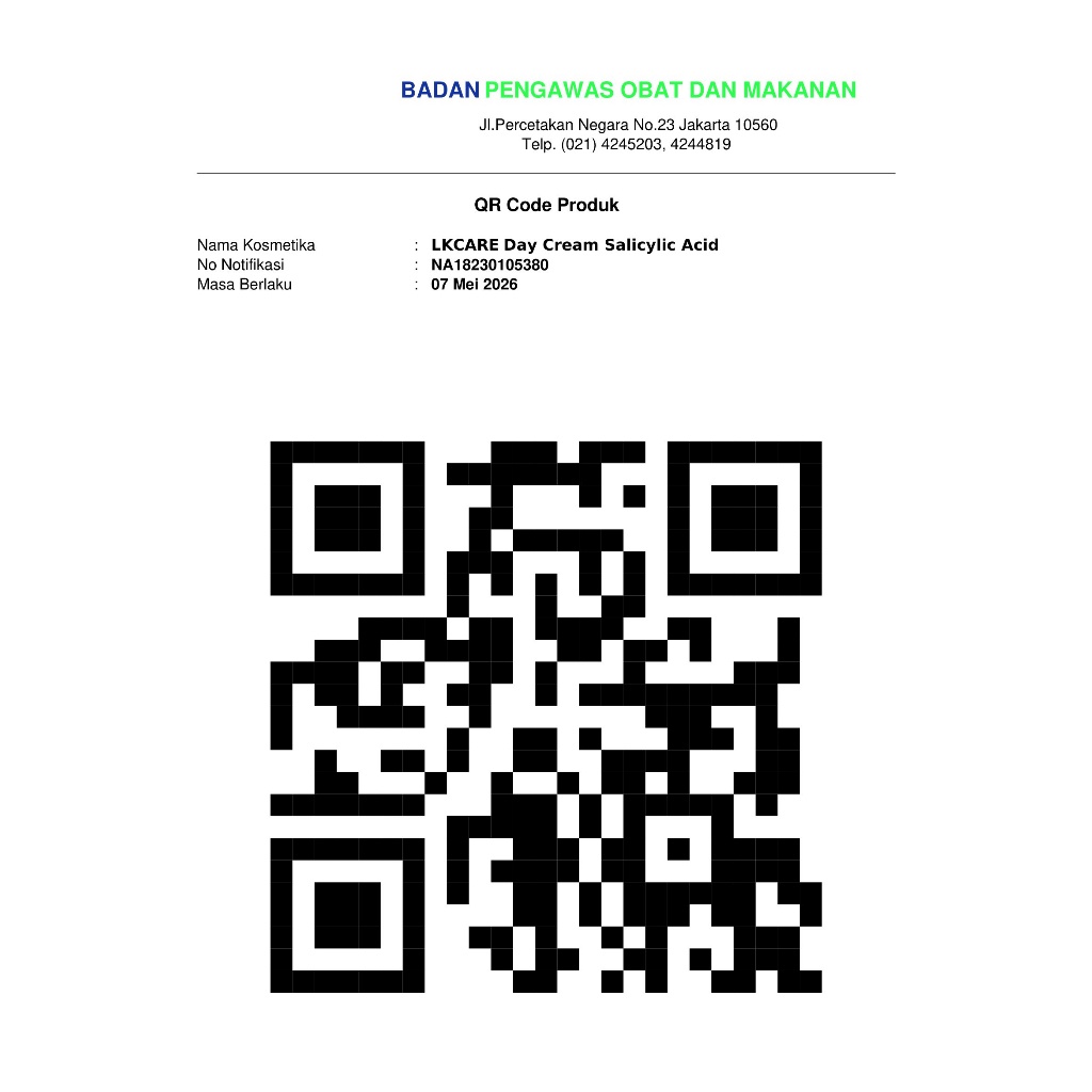 BPOM Day Cream Salicylic Acid 2% 20gr LKCare Pelembab Mengecilkan Pori-pori Memperbaiki Jerawat Tumpas Komedo Pemutih Kontrol Minyak Anti-penuaan Perawatan Kulit