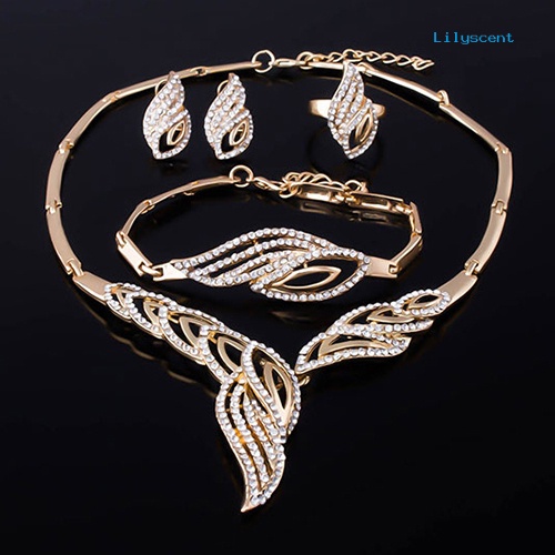 [LS]Pernikahan Pengantin Pesta Bergelombang Berlian Imitasi Choker Kalung Gelang Cincin Anting Set