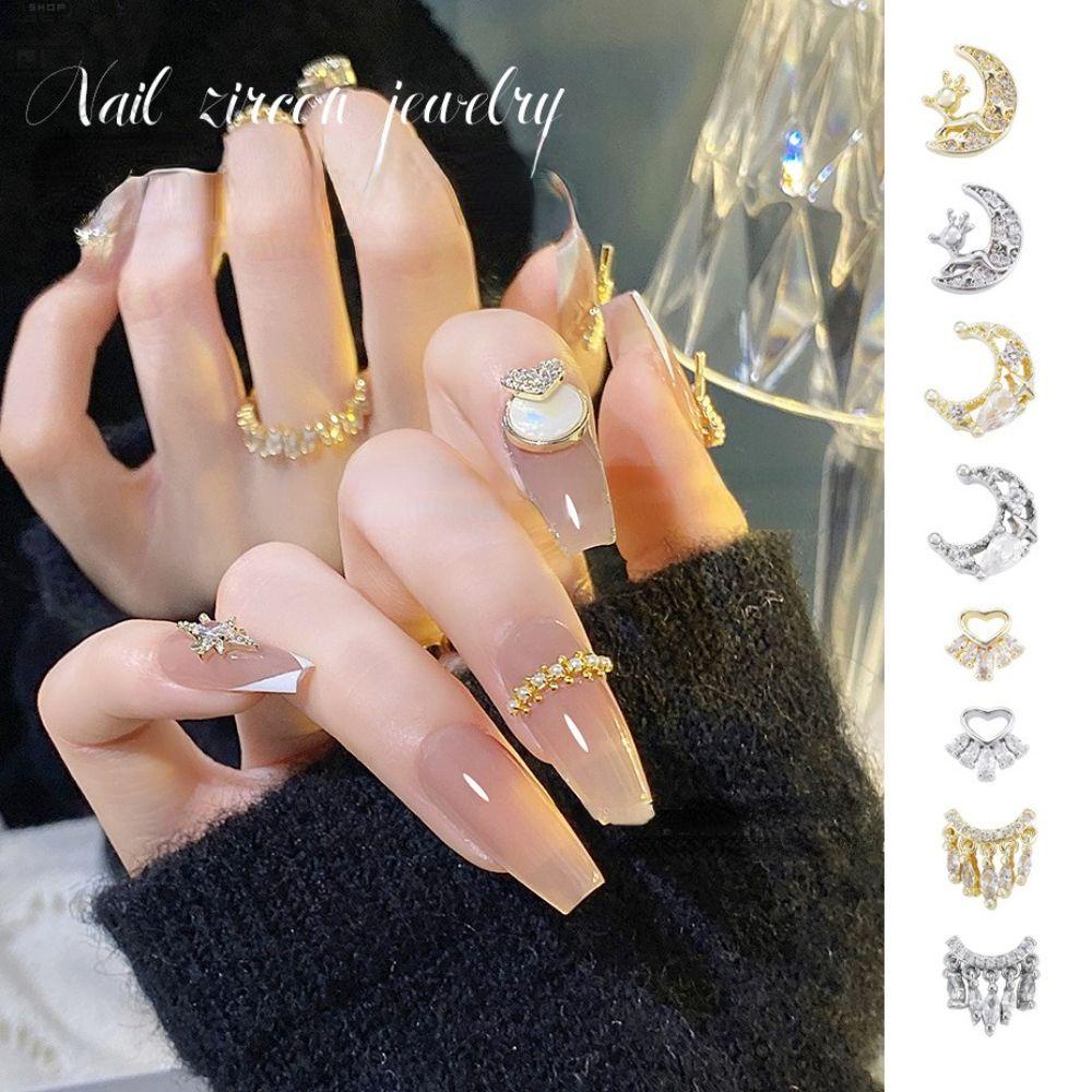 AUGUSTINA Agustinina Nail Art Charms Moon Alloy Berlian Imitasi Salon Kuku Manikur Aksesoris Hiasan Kuku DIY Bahan Kuku