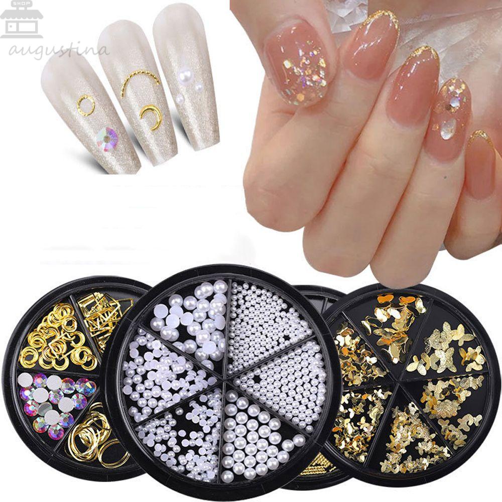 AUGUSTINA Agustin 3D Nail Art Dekorasi Set Mutiara Mix Gaya Emas Logam Rivet AB Berlian Imitasi Bulan Kristal Shell Slice DIY Nail Charms