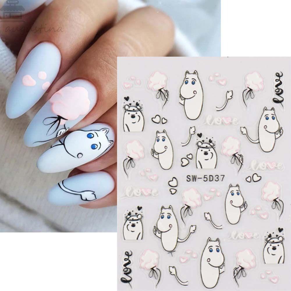 AUGUSTINA Agustina Kartun Stiker Kuku 5D Relief Lucu Valentine Day Nail Art Kelinci Manicure Aksesoris Panda Nail Art Dekorasi