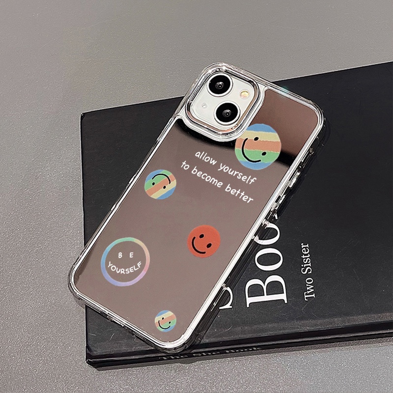 IPHONE Case Ponsel Cermin Wajah Smile Kompatibel Untuk Iphone11 12 13 14 12Pro 13Pro 14Pro Pro Max XR X XS Max Electroplating Tombol Perlindungan Mirror Cover