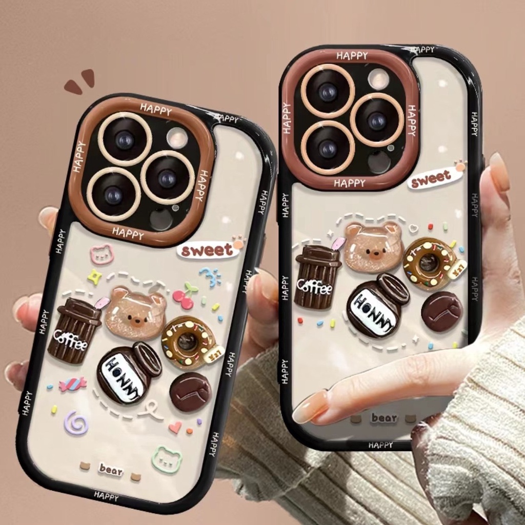 Stereoscopic Doll Puff Crystal Coffee Bear Silicone SoftCase IPhone XR XS Max 11 12 13 14 Pro Max 14 Plus Girl Woman's Fashion Pretty Cute Phone Case