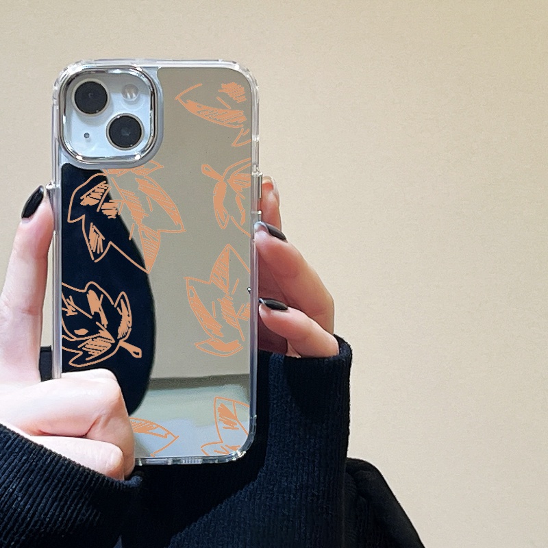 IPHONE Maple Leaves Mirror Phone Case Kompatibel Untuk Iphone11 12 13 14 12Pro 13Pro 14Pro Pro Max XR X XS Max Electroplating Tombol Perlindungan Mirror Cover