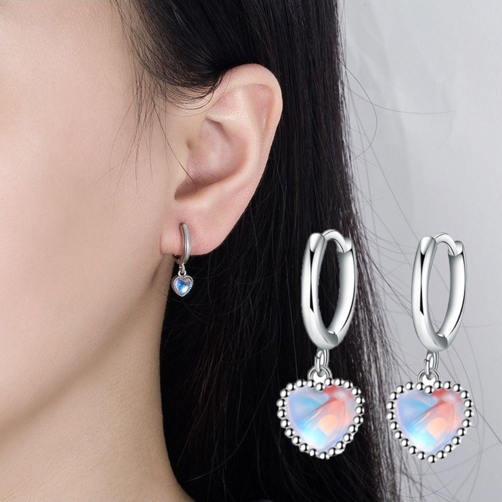Lily 2Pcs Anting Moonstone, Hoop Anting Liontin Berbentuk Hati, Fashion Liontin Berbentuk Hati925 Sterling Silver Heart Ear Buckle Untuk Wanita