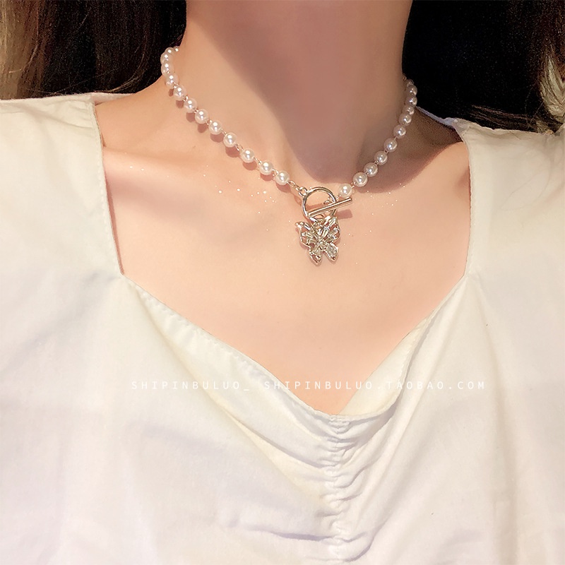 Ins Gaya Influencer Gaya Yang Sama Berlian Imitasi Mutiara Perak Kupu-Kupu choker Retro Baroque Klavikula Rantai Kalung Necklace