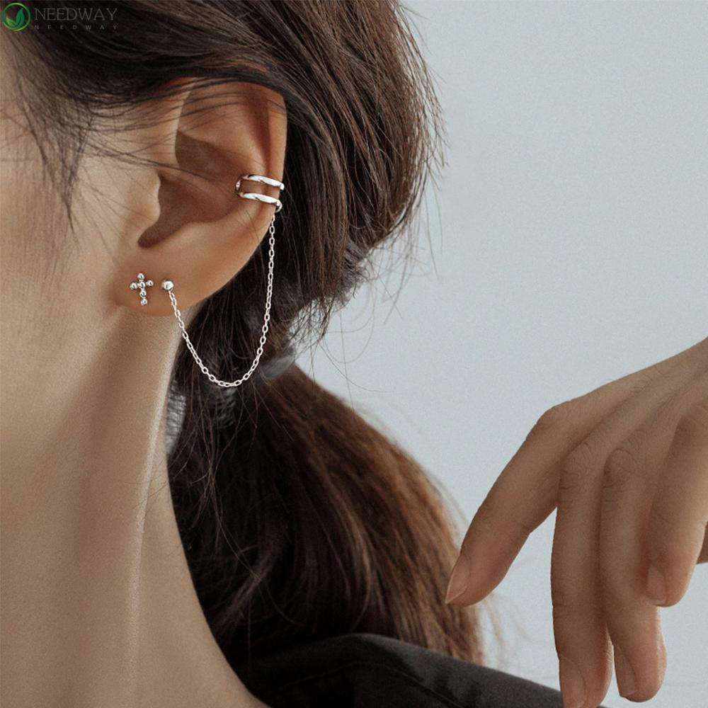 NEEDWAY Cross Earcuff Wanita Rantai Panjang Punk Asimetri Anting Rantai Rumbai