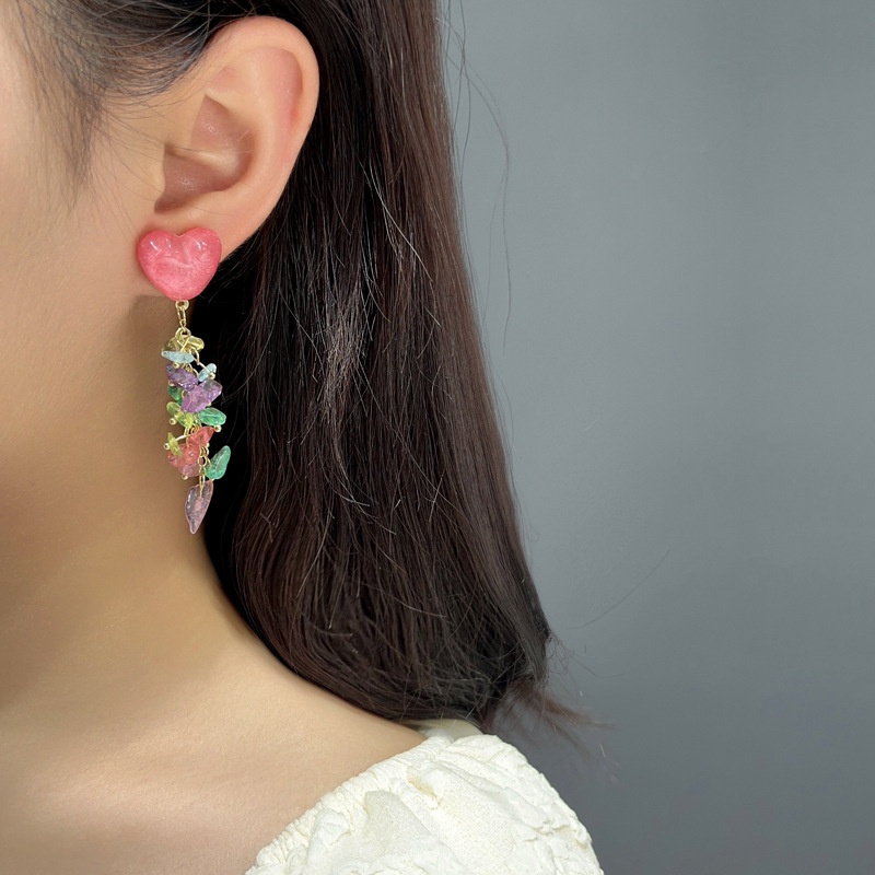 Warna-warni Cinta Batu Pinggiran Anting Aksesoris Halus Ringan Mewah Temperamen Fashion