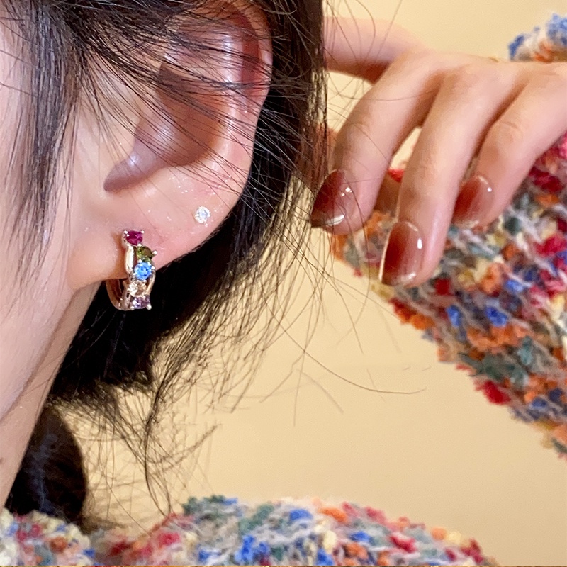 Rainbow zircon Hoop earrings Aksesoris Korea Halus Kecil Dan high-end Wanita