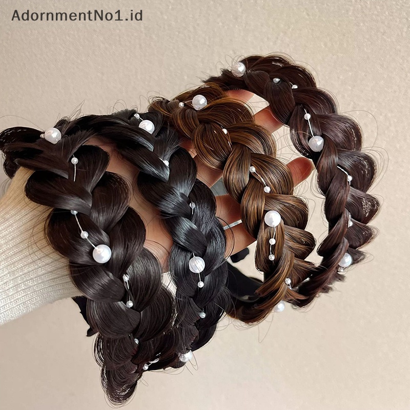 [AdornmentNo1] Bando kepang tulang ikan mutiara Twist Braid Wig Non-Slip aksesoris rambut