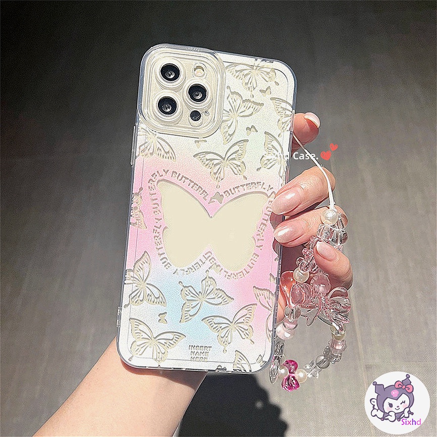 Compatible For iPhone 14 13 12 11 Pro Max SE2020 X XR Xs Max 7 8 6 6s Plus Ins Gradient Butterfly Phone Case+Holder Soft Cover