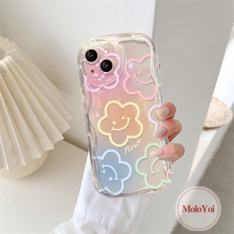 Cartoon Smiley Fresh Flowers Holder Bracket Case Compatible for IPhone 7 6 8 6s Plus XR X XS Max 11 14 13 12 Pro Max SE 2020 3D Wavy Curved Edge INS Korean Colorful Graffiti Cover