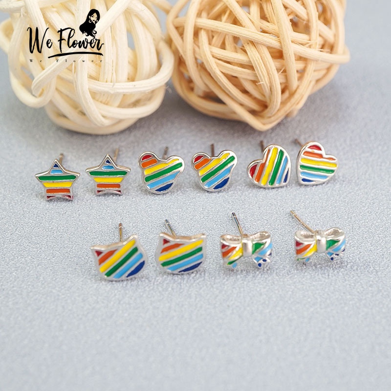 Kami Bunga Korea S925 Perak Lucu Kecil Rainbow Heart Stud Earrings Untuk Wanita Gadis Indah Warna-Warni Cinta Anting-Anting Fashion Telinga Perhiasan Hadiah
