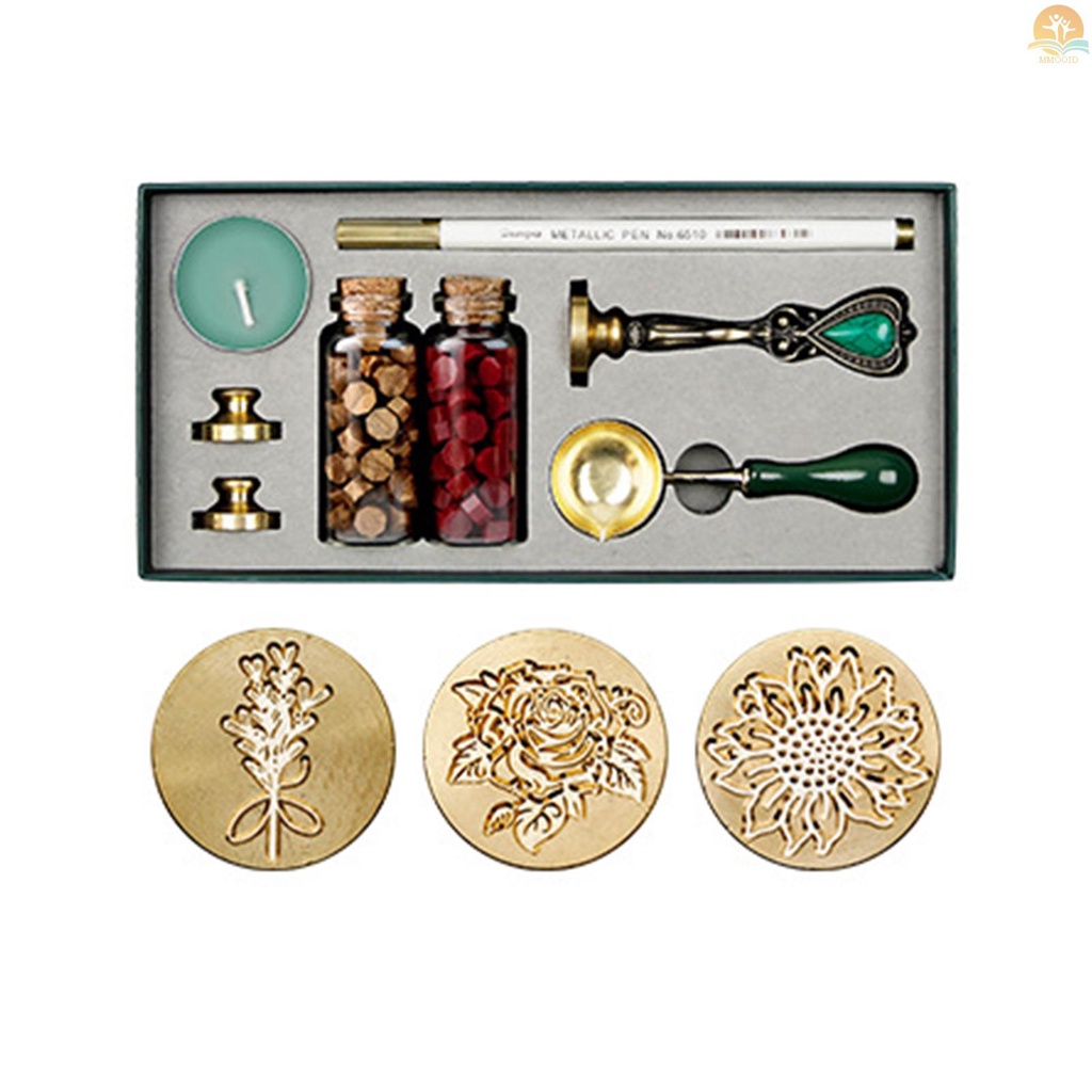 In Stock Retro Wax Seal Kit Sealing Wax Beads Wax Melting Spoon Wax Seal Stamp Candle Replaceable Copper Head Metallic Pen Untuk Amplop Surat Kartu Undangan Pernikahan Kemasan