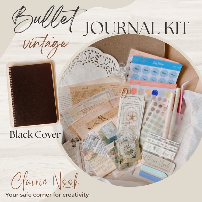 

✨BISA COD✨ -Clairie Nook Vintage Bullet Journal Kit - Dekorasi Notebook Scrapbook - Cover Black, Blank Page
