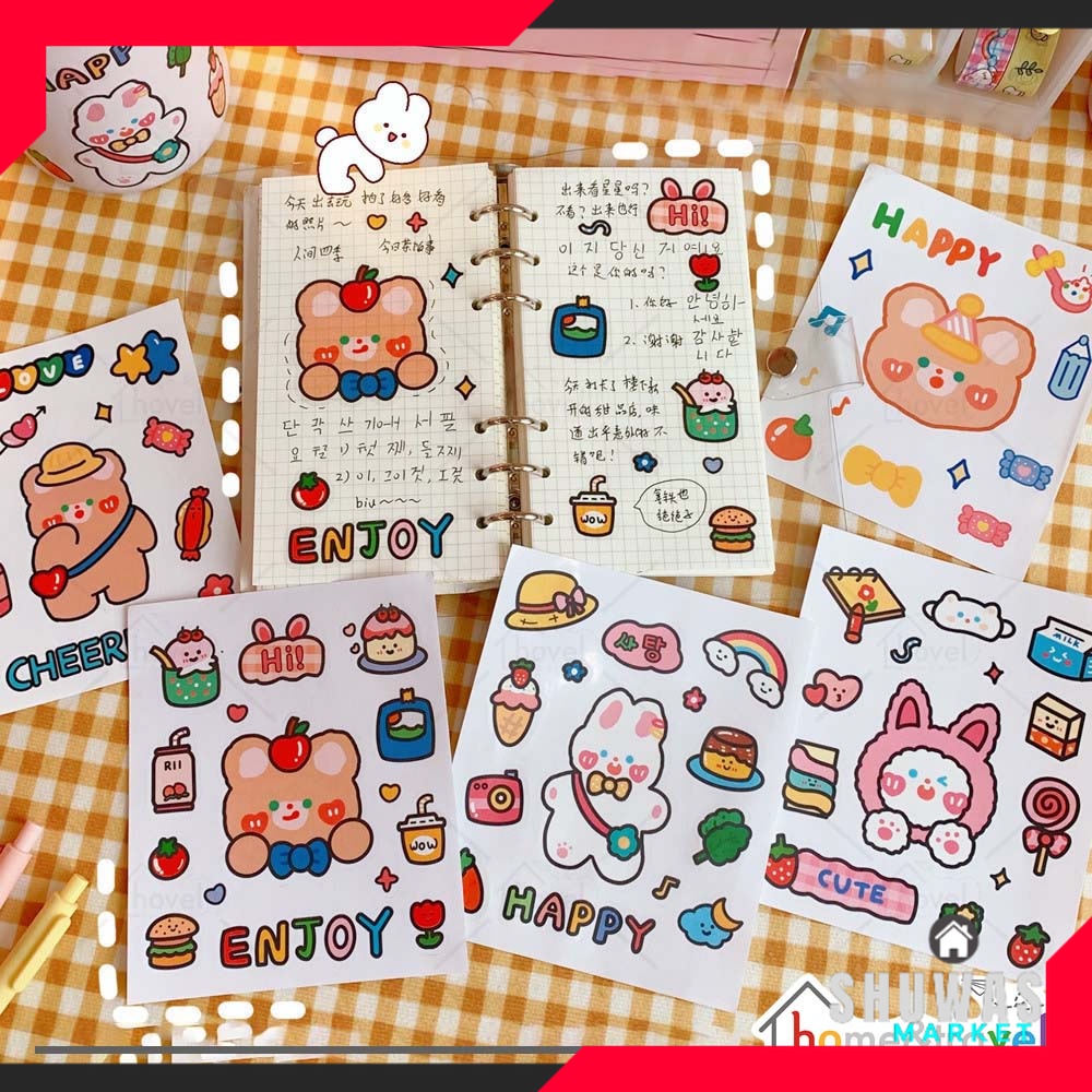 

SHUWAS Stiker Aesthetic Lucu Imut Beruang Kelinci Murah Dekorasi Anak HP Tumbler Laptop Hiasan Warna Warni