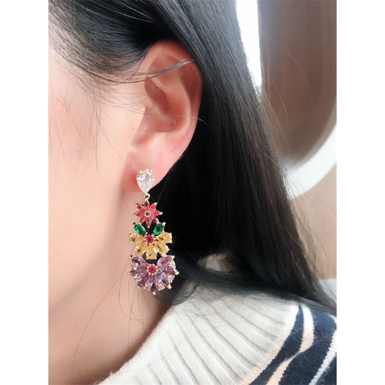 Goldkingdom Fashion Perhiasan Aksesoris Ready Stock Rococo Colorful Treasure Earrings Pink Kristal Bunga Anting Anting Perak Jarum Perempuan