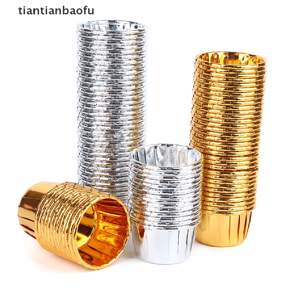 [tiantianbaofu] 50pcs mini Cupcake Foil Cupcake Wrapper Kertas Emas Perak Cupcake Baking Cups Butik