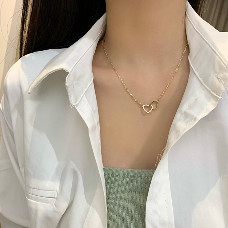 Kami Bunga Trendi Glossy Perak Ganda Hati Liontin Kalung Untuk Wanita Gadis Fashion Hati Ke Hati Pesona Kalung Tulang Selangka Rantai Perhiasan Hadiah