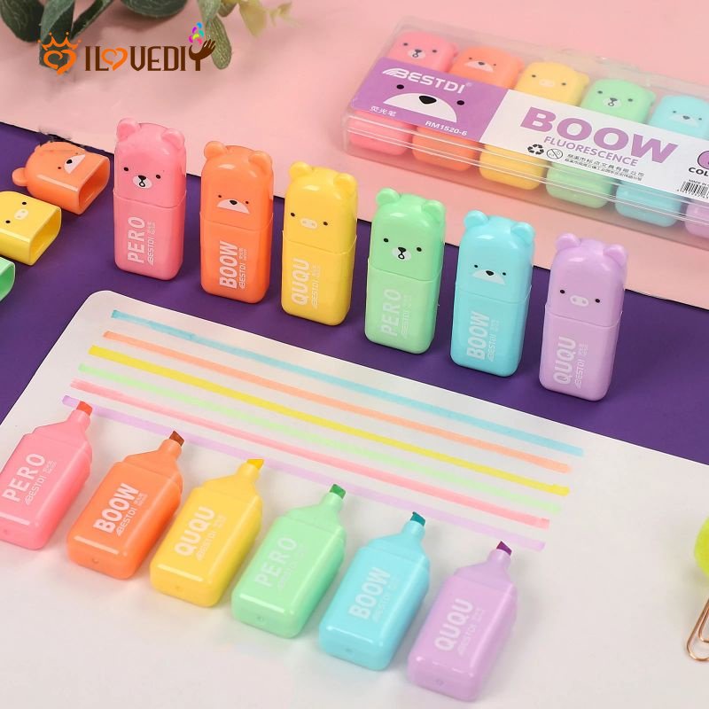 4 /5/6Pcs/set Pena Macaron Ins Stabilo Gaya Beruang Mini Lucu/Kreatif Warna Permen Soft Tip Candy Color Manga Marker/DIY Album Foto Jurnal Fluorescent Pen